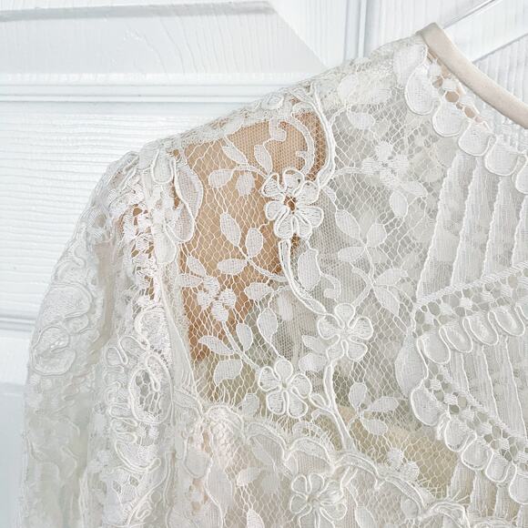 Carol Peretz I. Magnin Vintage Ivory Midi Length Lace Dress Ruffled Satin Hem - Picture 8 of 11